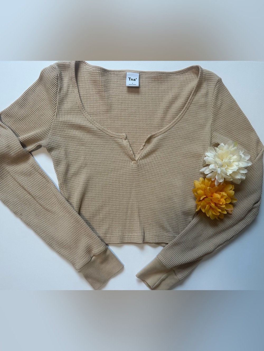 TNA Beige Waffle Long Sleeve Henley Crop Top